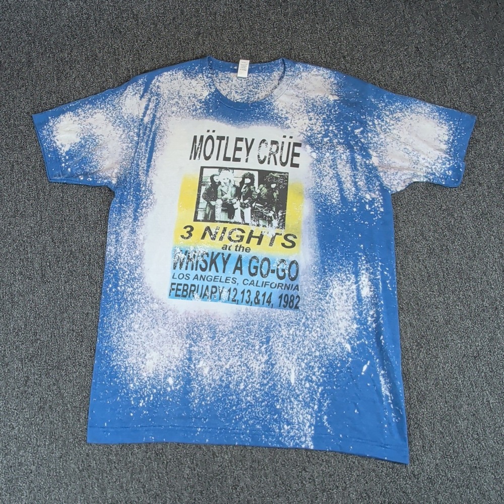 Motley Crue Men Large Blue Bleached Graphic T-Shirt 1982 Custom Acid Wash Tultex